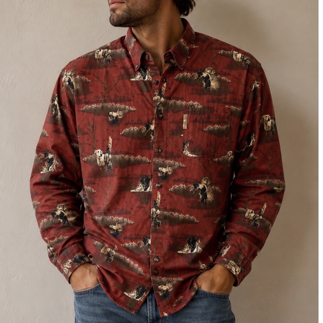 Columbia River Lodge Long Sleeve Dog/Duck Aop Red Button Up Mens Large | E2
